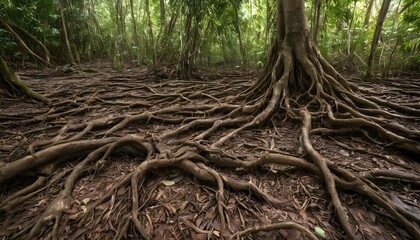 A network of tree roots snaking across the jungle upscaled 4