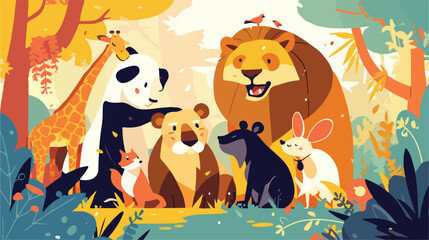 Cartoon wild animals in the jungle 2d flat cartoon