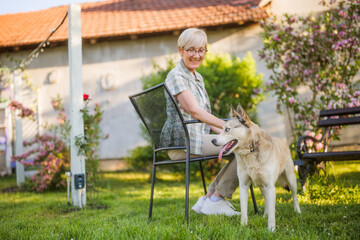 Happy senior woman and her husky dog enjoy spending time together at their yard.