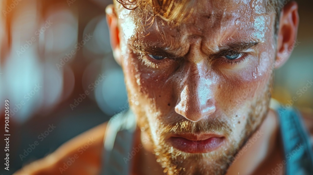 Wall mural A man with a beard and sweat on his face. He looks tired and exhausted