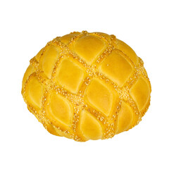 A yellow bread with a diamond pattern on it. The bread is sitting on a white background. The bread...