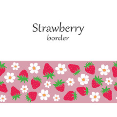 Cute seamless border with flowers and strawberries, berry pattern.