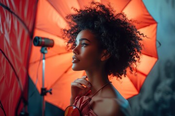 A woman with curly hair is posing for a photo under an orange umbrella