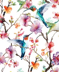 seamless pattern of watercolor hummingbirds, with flowers and branches