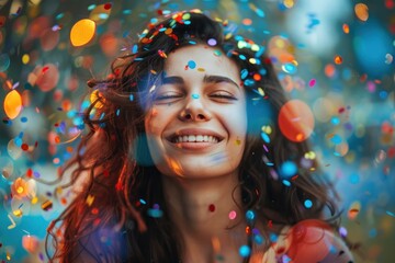 A woman is smiling and surrounded by colorful confetti