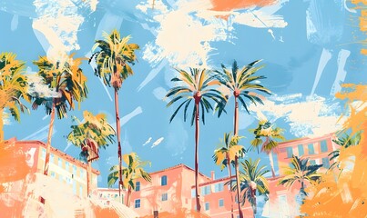 A vibrant gouache illustration of the French Riviera, with pastel pink and orange tones,Generative AI  - obrazy, fototapety, plakaty