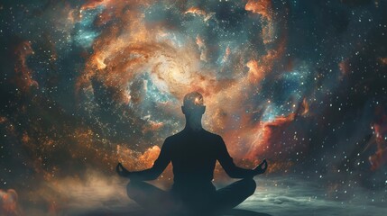 Naklejka premium A person meditating in a lotus position, with swirling galaxies emanating from their head, representing the vastness of the human mind. 