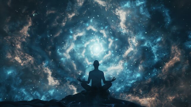 A person meditating in a lotus position, with swirling galaxies emanating from their head, representing the vastness of the human mind. 