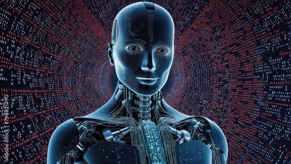 Poster a man with a robotic face is standing in a tunnel. the tunnel is filled with a lot of numbers and th