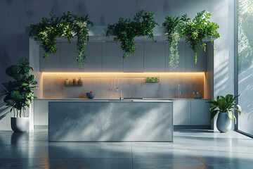 A minimalist kitchen with sleek cabinets, a large island, and a few hanging plants. - Powered by Adobe