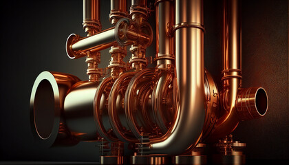 Boiler room equipment - copper pipeline of a heating system , Hyper realistic, wallpaper, background , Uhd, 32k, sharp image, hyper realistic wallpaper, octane render, full bright light