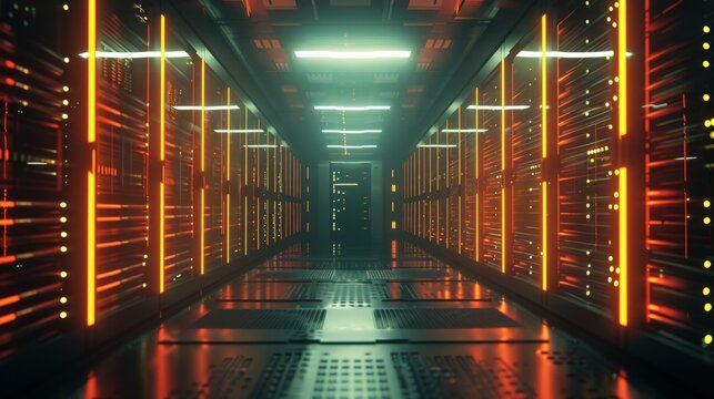 A photorealistic image of a data center with rows of glowing server racks and blinking lights, conveying the vastness of digital storage.