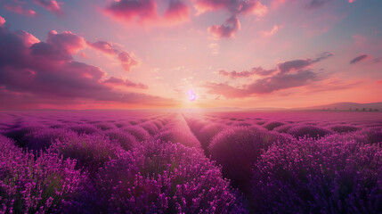 Lavender fields stretching on the horizon under a sky purple with blooming plants. 
