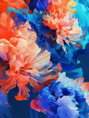 Vibrant Coral Orange and Sapphire Blue Burst Abstract Art 