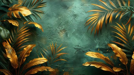An elegant gold decoration art wallpaper. Modern art with nature. Golden leaves, plants and bamboo of curvature of the line, green background. - obrazy, fototapety, plakaty