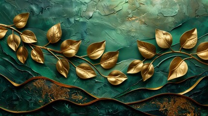 Wallpaper with golden decoration. Art painting on the background, modern art and nature of the foliage. Floral pattern with golden leaves, bush and bamboo followed by curves on a background of