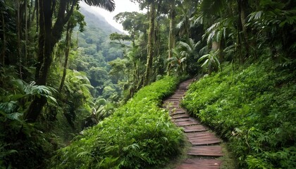Fototapeta na wymiar A rugged path winding through a lush green rainfor upscaled 8