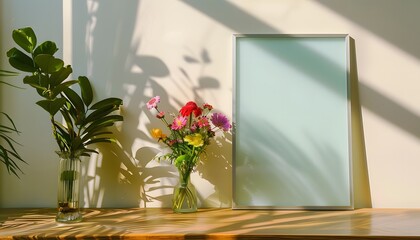 A tastefully arranged interior scene featuring a rectangular glass picture frame on a wooden table, accompanied by a vase of vibrant flowers, surrounded by various houseplants, and a unique twig event