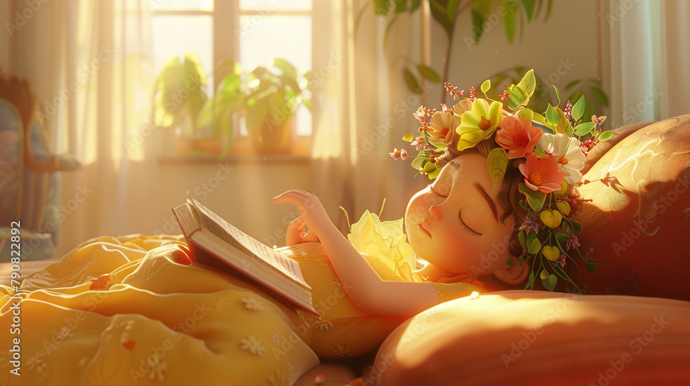 Poster a 3d-rendered image capturing the chibi character lying on the sofa, engrossed in a book