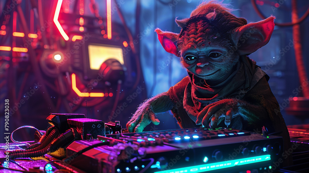 Poster a 3d-rendered image of a goblin hunched over a futuristic console, working as a cybersecurity expert