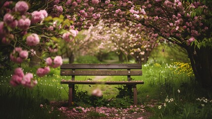 A tranquil scene beneath a lush tree canopy, where a rustic wooden bench is encircled by delicate pink flowers, creating a picturesque and serene resting spot.