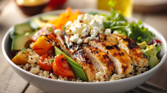 A vibrant salad bowl with a protein option: grilled chicken breast, quinoa, chopped vegetables, avocado slices, crumbled feta cheese, and a light dressing.