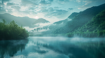 Morning mist floating over the crystal lake, creating a picturesque landscape. 