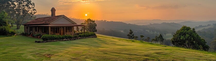 Quaint hillside bed and breakfast, panoramic view of rolling hills, sunrise, wide shot, peaceful and inviting - obrazy, fototapety, plakaty