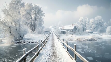 A rustic wooden bridge crossing a frozen river, with frosted trees lining the banks and a quaint village nestled in the distance.