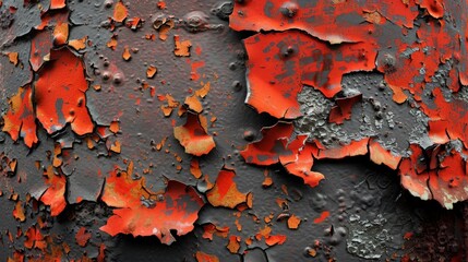 A rusty abstract with peeling layers of red and orange paint revealing the cold steel beneath, creating a textured and aged effect.