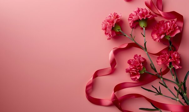 Mother's Day background with copy space, red carnation and ribbon in the coner, Generative AI 