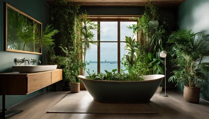 Dimly lit modern room with nature view and green walls full of plants. Bathtub with plants and nature view