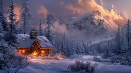 Twilight Cabin by Fireplace with Snowy Peak Background, generative ai