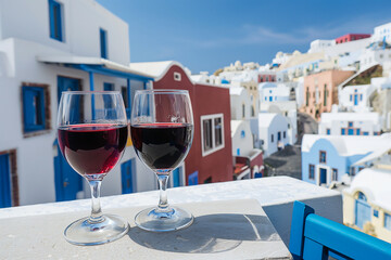 two glasses of red wine on the terrace in a greek town, beautiful summer vacation or holiday