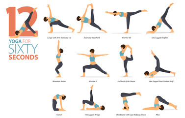 12 Yoga poses or asana posture for workout in sixty second concept. Women exercising for body stretching. Fitness infographic. Flat cartoon.