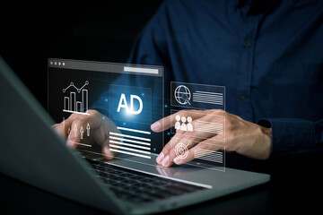 Advertising Marketing Plan Branding Business Technology concept , man touch virtual advertising on website. planning advertising marketing strategies to target , ad, advertisers, sales.