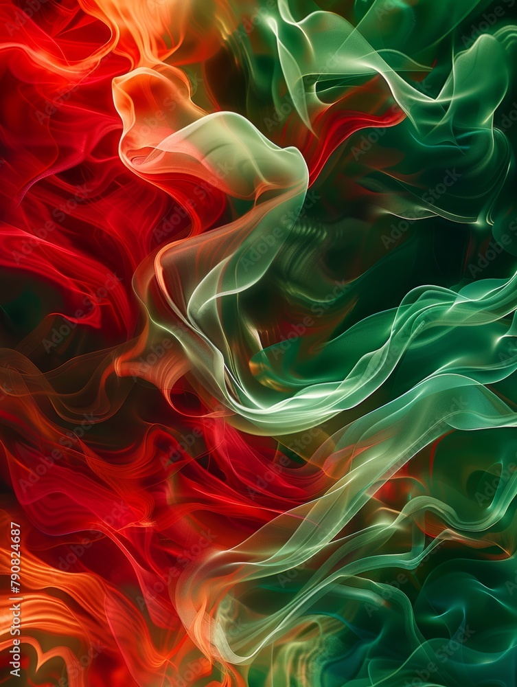 Poster dynamic sweeps of fiery red and forest green interplay in abstract art