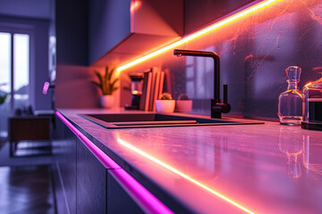 A chic kitchen with neon light strips running along the edges of the countertops, adding a touch of...