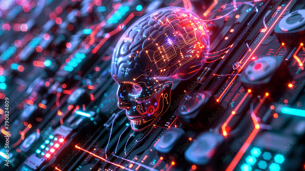 Poster a 3d-rendered scene illustrating the intricate network of connections between a brain-computer inter
