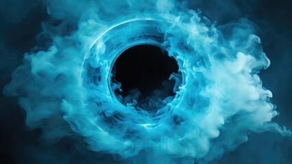 Circular Cyan Smoke explodes outward, with dramatic smoke or fog effect with a scary Dark background