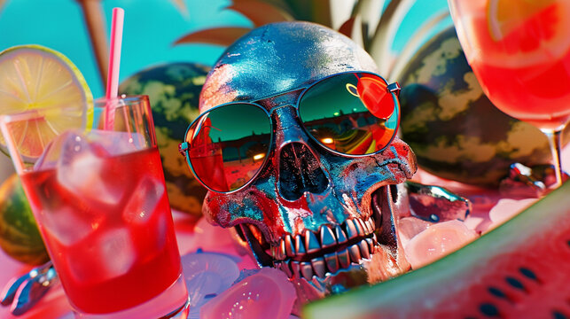 A close-up, 3D-rendered image focusing on a skull adorned with metallic sunglasses, surrounded by colorful beach items like a juicy watermelon and tropical drinks
