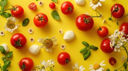 Fresh and vibrant tomatoes, fragrant basil, and cheerful daisies arranged on a sunny yellow background, top view