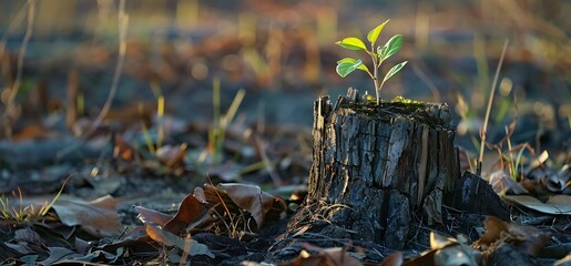 a young tree sprouts amidst the decaying remains of an old tree stump