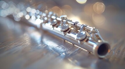 A sleek silver piccolo gleams in the light against a white canvas, ready to add a sparkling high note to any musical ensemble.