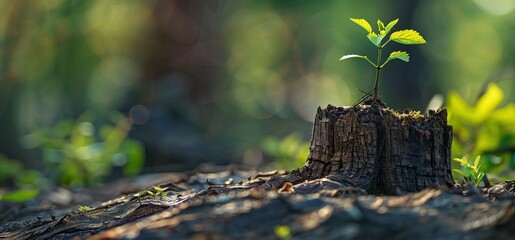a young tree sprouts amidst the decaying remains of an old tree stump - obrazy, fototapety, plakaty