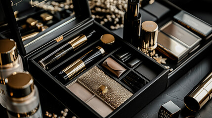 Photo of a luxurious set of cosmetics in beautifully decorated packaging 