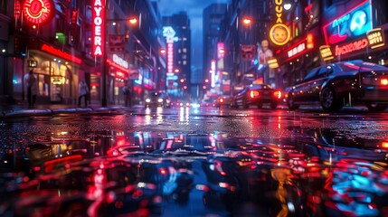 Urban Rainy Street Lights, generative ai - obrazy, fototapety, plakaty
