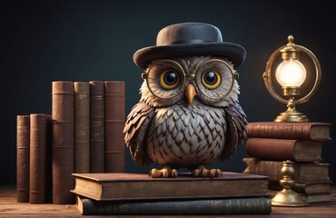 An owl in glasses and a hat sits on a stack of books. Science, wisdom, learning concept