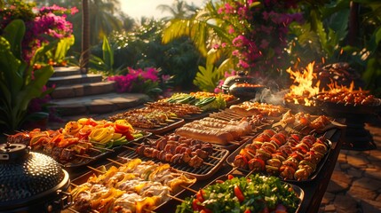 Diverse Grilled Feast in a Garden Setting, generative ai - obrazy, fototapety, plakaty