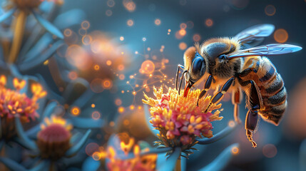 Bee sucks flower nectar - obrazy, fototapety, plakaty